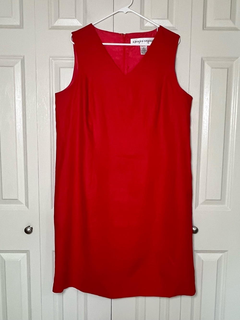 Vintage Adolfo Studio Red V-Neck Sleeveless Shift Dress 100% Linen Size 18W